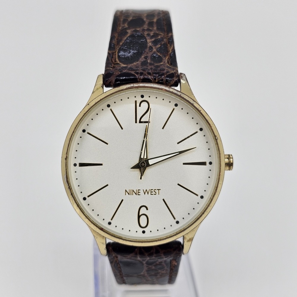 Nine West Watch Women 38MM White Dial Brown Leather Bands NEW Battery
